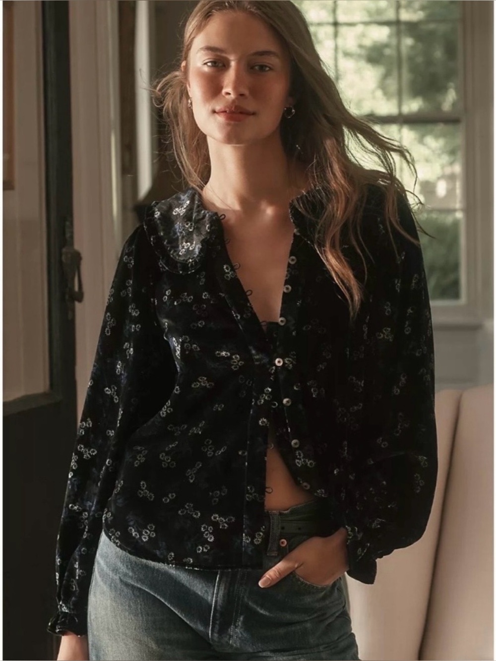 Anthropologie Pilcro Keira Collared Button-Front Blouse Long-Sleeve Velvet